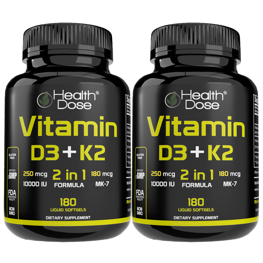 HealthDose Vitamin D3 + K2. 2 in 1 Formula. 180 Liquid Softgels