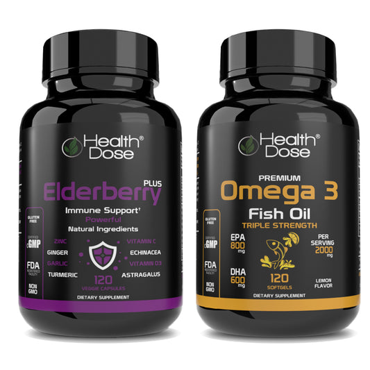 HealthDose Premium Omega 3 Fish Oil x 120 Softgels + Elderberry Plus. 120 Capsules