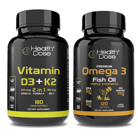 HealthDose Premium Omega 3 Fish Oil x 120 Softgels + Vitamin D3-K2. 180 Liquid Softgels