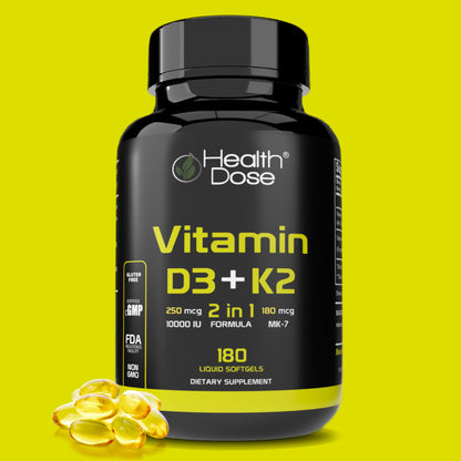 HealthDose Premium Omega 3 Fish Oil x 120 Softgels + Vitamin D3-K2. 180 Liquid Softgels