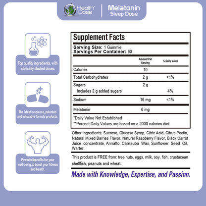 HealthDose Melatonin 6 mg Extra Strength Gummy, for Restful Sleep Supplements for Adult Mixed Berries Flavor 90 Gummies.