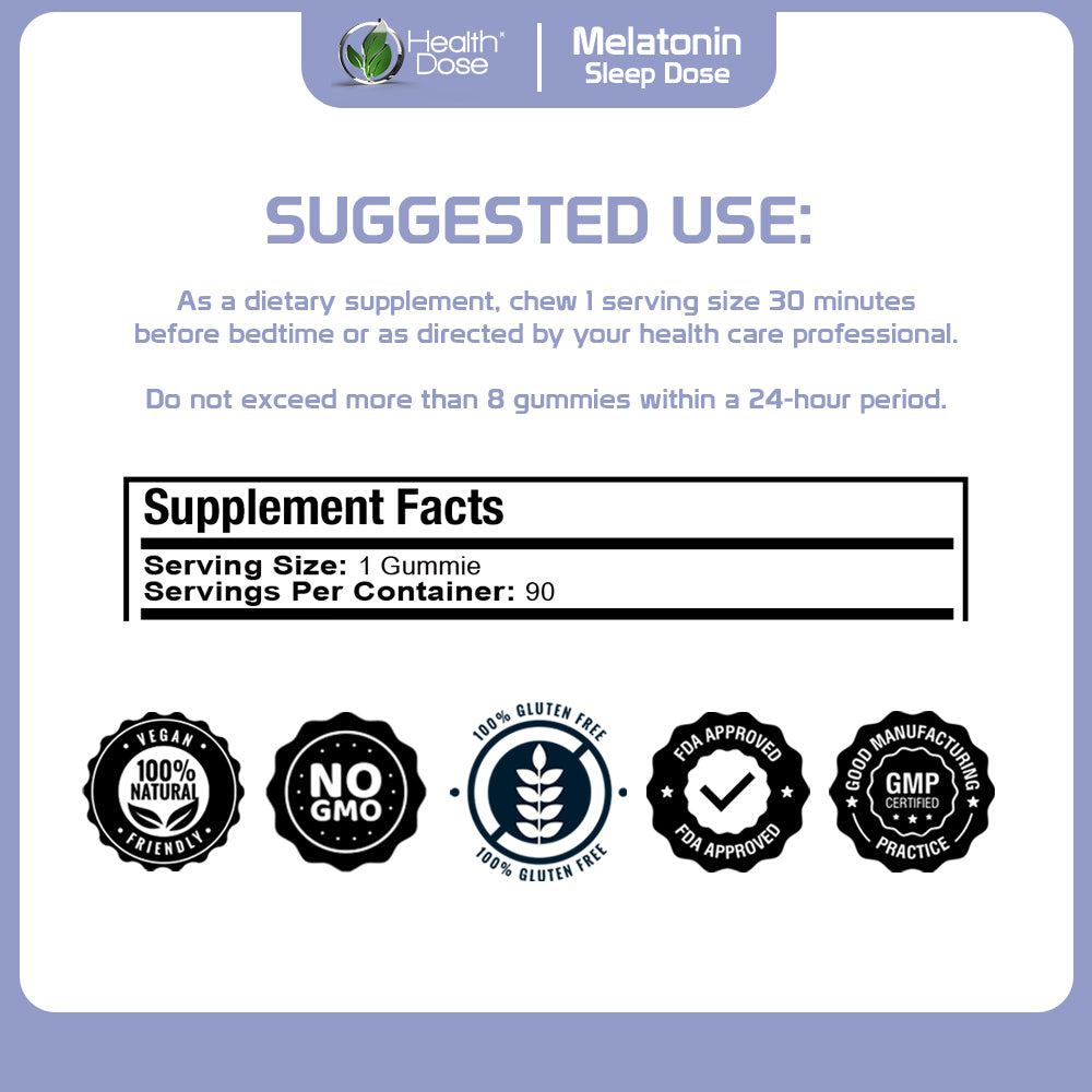 HealthDose Melatonin 6 mg Extra Strength Gummy, for Restful Sleep Supplements for Adult Mixed Berries Flavor 90 Gummies.