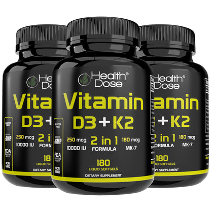 HealthDose Vitamin D3 + K2. 2 in 1 Formula. 180 Liquid Softgels