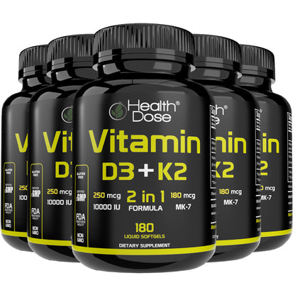 HealthDose Vitamin D3 + K2. 2 in 1 Formula. 180 Liquid Softgels