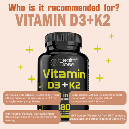 HealthDose Vitamin D3 + K2. 2 in 1 Formula. 180 Liquid Softgels