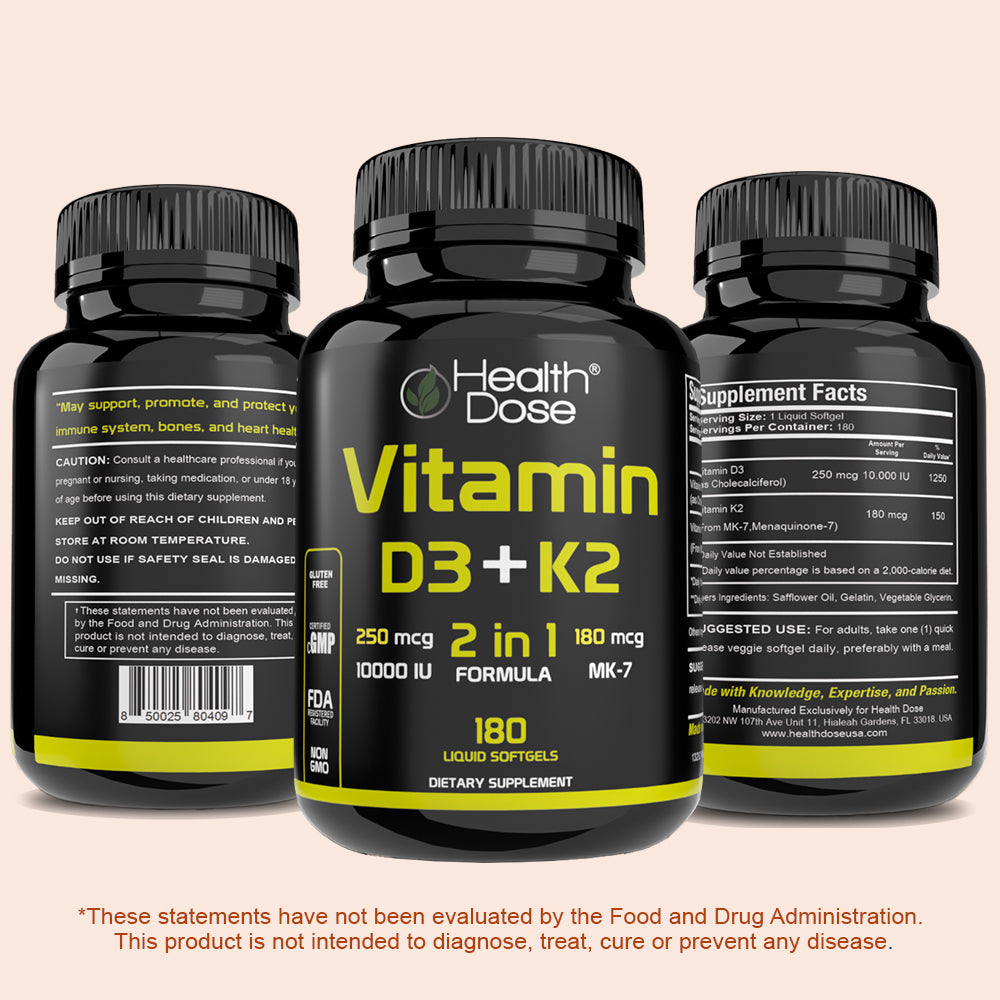 HealthDose Vitamin D3 + K2. 2 in 1 Formula. 180 Liquid Softgels