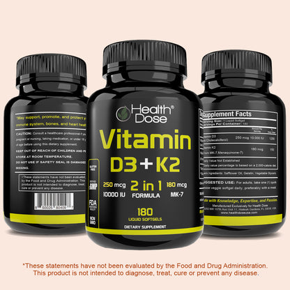 HealthDose Vitamin D3 + K2. 2 in 1 Formula. 180 Liquid Softgels