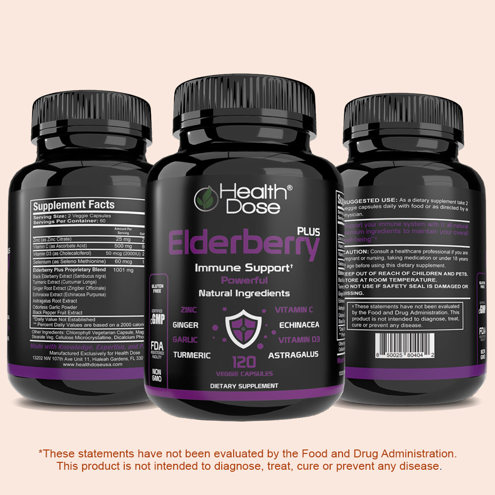 HealthDose Elderberry Plus With Vitamin C, Turmeric, Zinc & More 120 Capsules