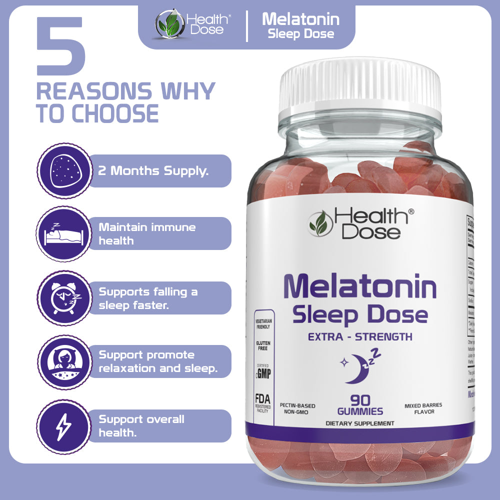 HealthDose Melatonin 6 mg Extra Strength Gummy, for Restful Sleep Supplements for Adult Mixed Berries Flavor 90 Gummies.