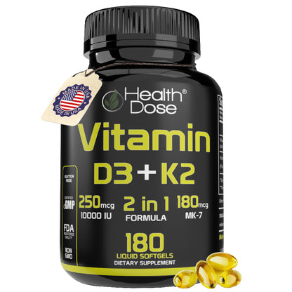 HealthDose Vitamin D3 + K2. 2 in 1 Formula. 180 Liquid Softgels