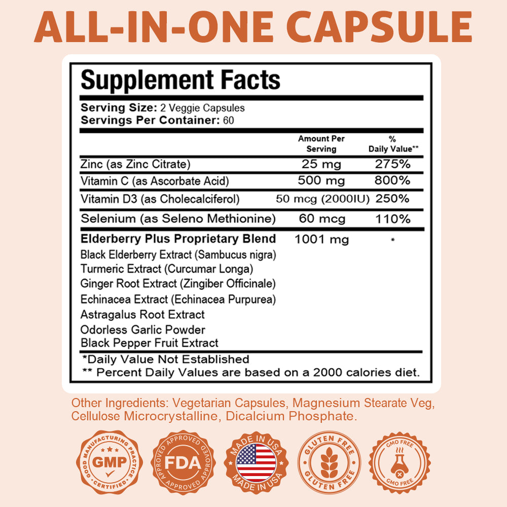 HealthDose Elderberry Plus With Vitamin C, Turmeric, Zinc & More 120 Capsules