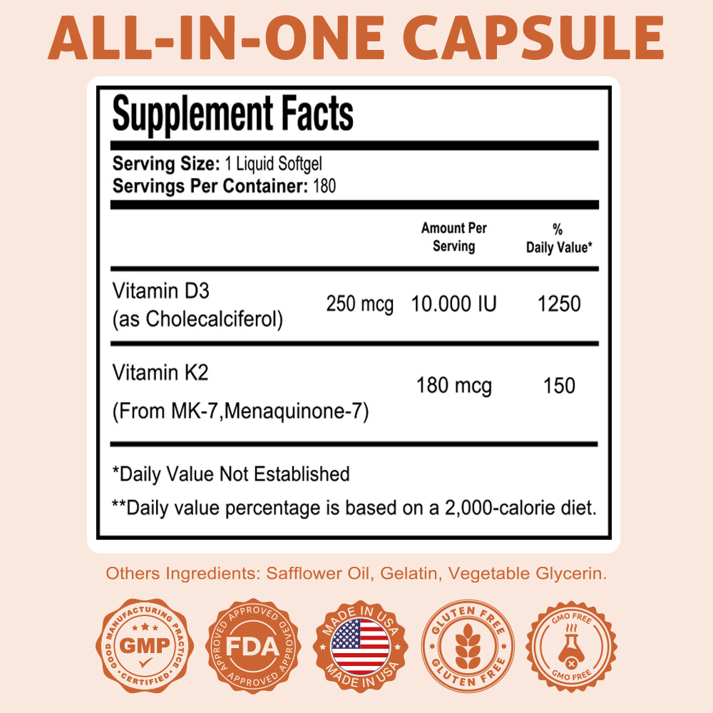 HealthDose Vitamin D3 + K2. 2 in 1 Formula. 180 Liquid Softgels