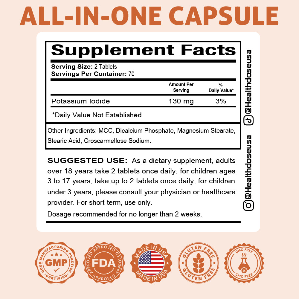 HealthDose Potassium Iodide KI Pills 130mg 140 Tablets