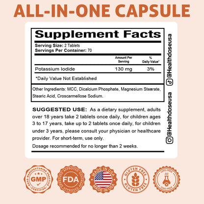 HealthDose Potassium Iodide KI Pills 130mg 140 Tablets